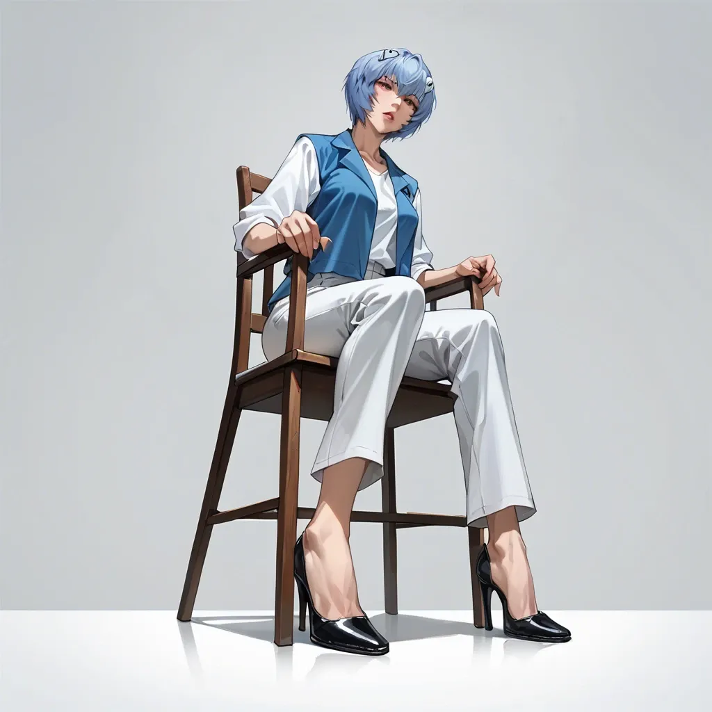 1girl, solo, Ayanami Rei \(Evangelion\), full clothes, pants, sitting on chair, looking at viewer, arrogant, full body, ((from below))