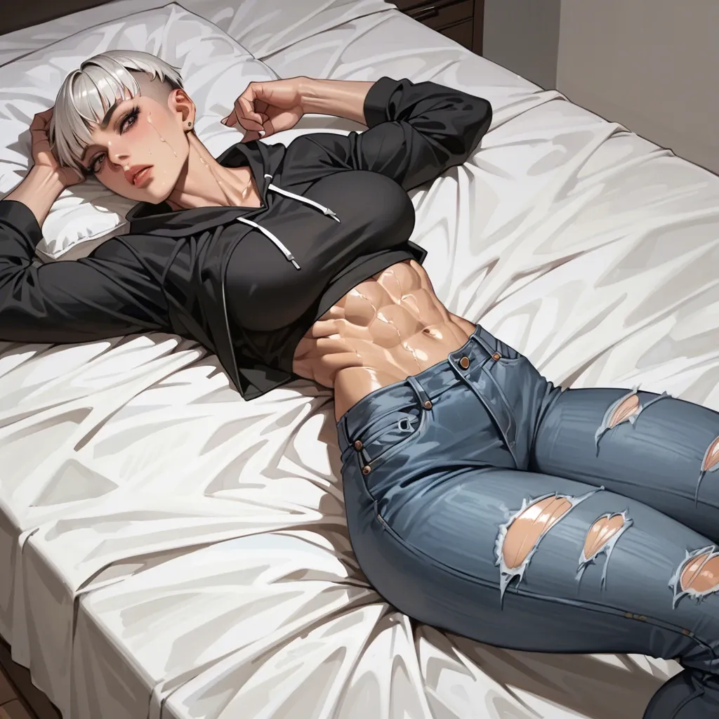 Fit girl, white bobcut hair, narrow waist, big muscular thighs, black croptop hoodie, fitting jeans, jeans are open in the groin area, oiled body, better quality, high graphics, more details, lying on bed