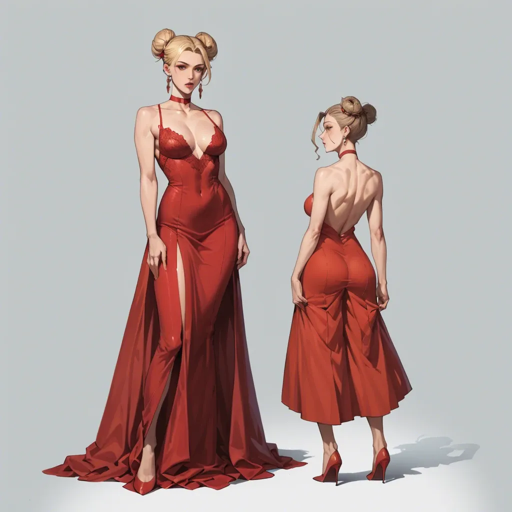 hairstyle two buns, blonde, brown eyes, earring, red dress, beautifully made up, full length, red choker, standing, big boobs