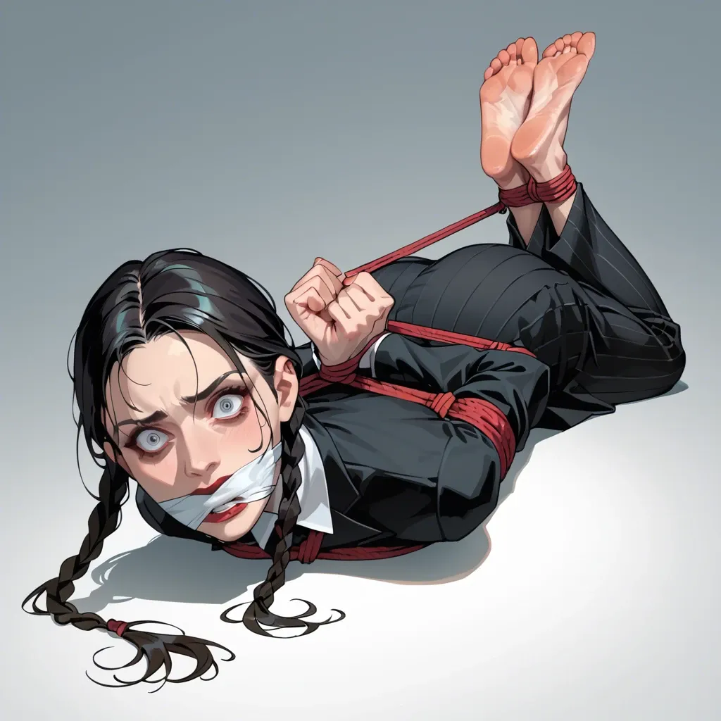 1girl, solo, Wednesday Addams \(Wednesday\), black suit, long skirt, barefoot, laying on stomach, rope bondage, hogtied, hands behind back, wrap gag, looking at viewer, shocked, feet focus, ((face view))