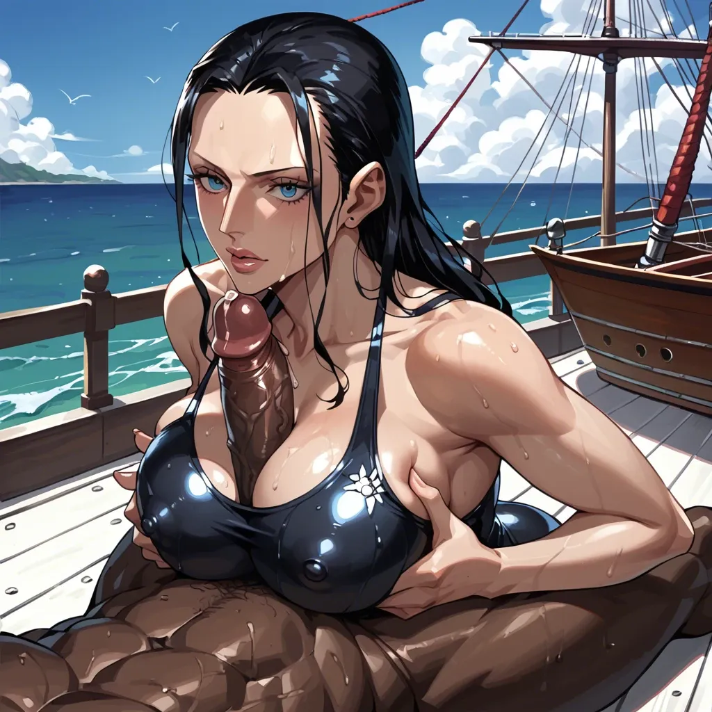 ship, black tight swimsuit, nico robin, rimming, titjob, rimjob, interracial, bbc, tall sexy muscular dark skin male, precum