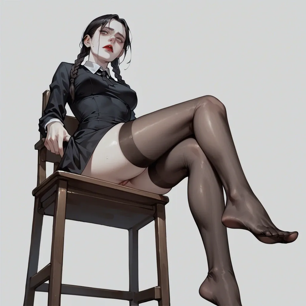 1girl, solo, Wednesday Addams \(Wednesday\), pale skin, long black dress, black stockings, no shoes, sitting on chair, ((from below))