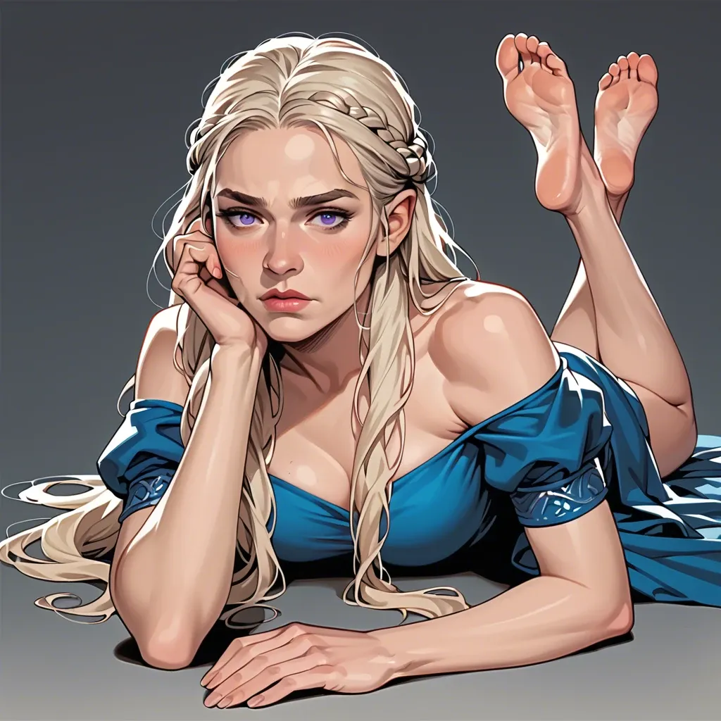 1girl, solo, Daenerys Targaryen \(Game of Thrones\), purple eyes, blue dress, barefoot, laying on stomach, feet up, head rests on hand, audacious, raised eyebrow