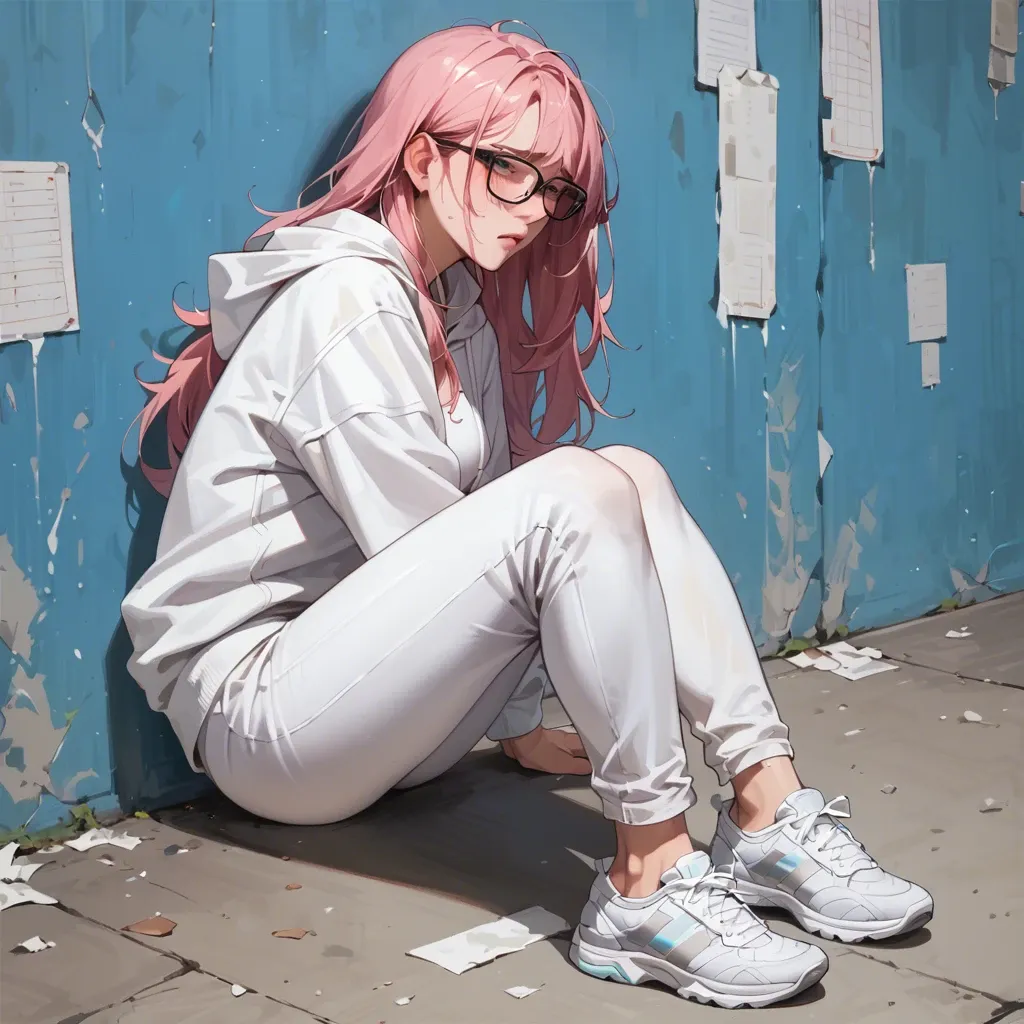 1 girl,,,, pink hair, long hair, light cyan mesh, black glasses, white hoodie, shy look, white sportive pants, white casual shoes, no background, no objects, stand still