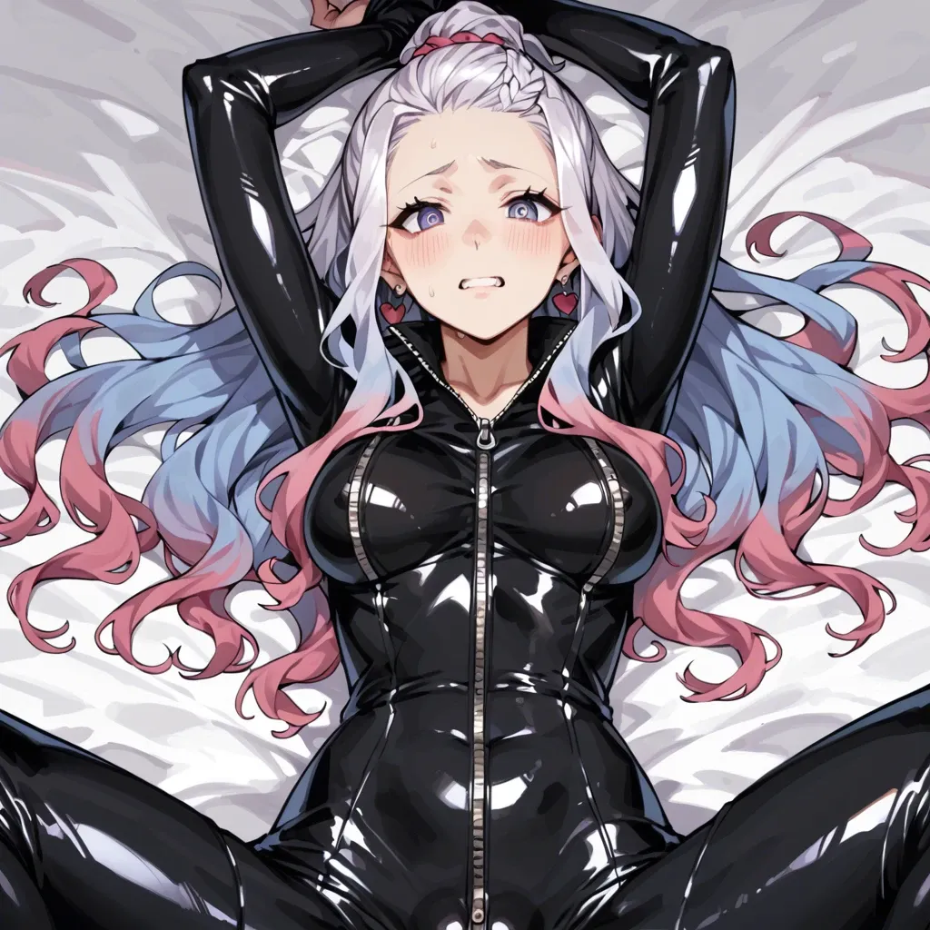 Mirajane strauss,  black fullbody zipped catsuit, cute anime style