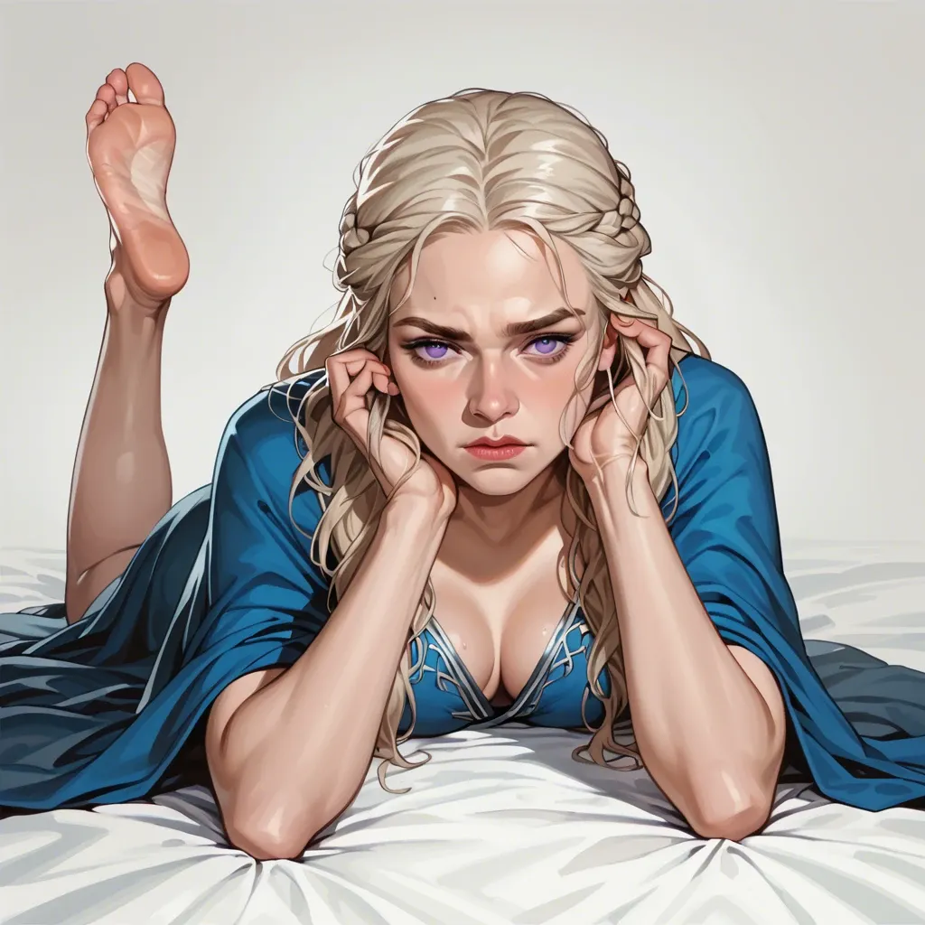 1girl, solo, Daenerys Targaryen \(Game of Thrones\), purple eyes, blue dress, barefoot, laying on stomach, feet up, head rests on hand, audacious, raised eyebrow