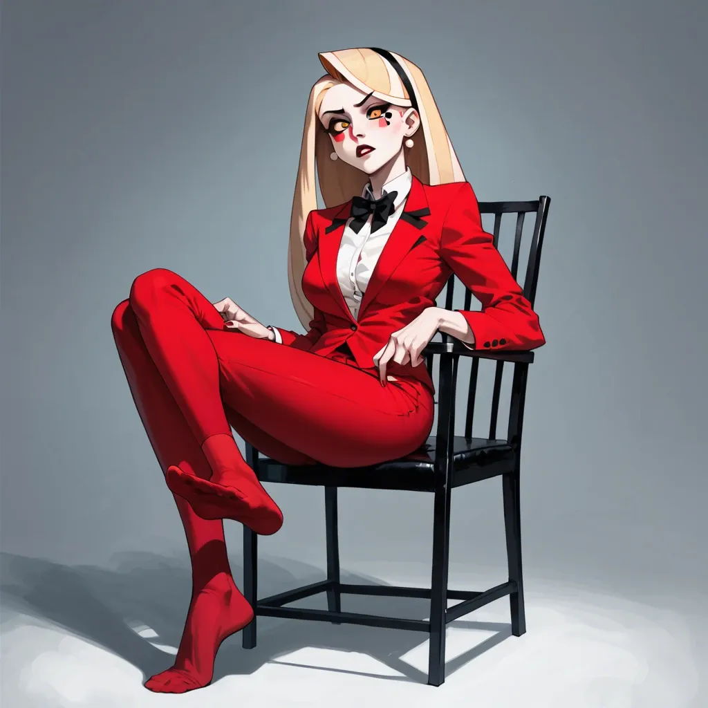 1girl, solo, Charlie Morningstar \(Hazbin Hotel\), pale skin, red pants, red suit, red sock, one sock off, one foot barefoot, sitting on chair, ((Straight-on))