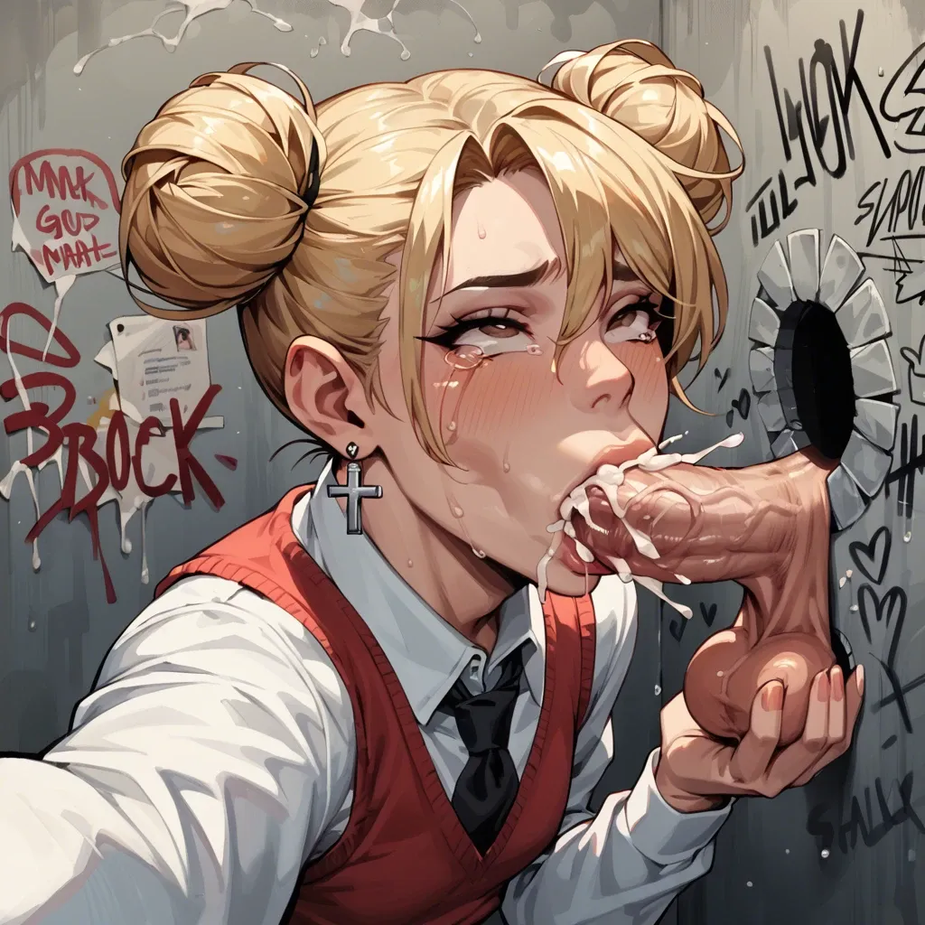 sexy wall graffiti, holding balls, deepthroat blowjob, sweaty penis, balls visible, selfie, thick smoke from balls, glory hole, blonde, schoolgirl, femboy, two buns, brown eyes, cross earring, ahegao, cum explosion, tears