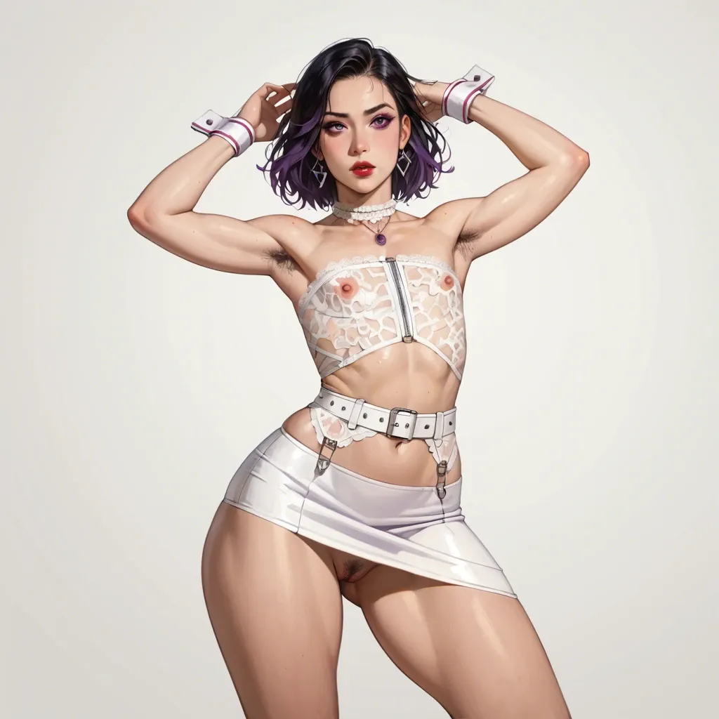 1girl,solo, , , , dimples,hairy armpits,perky tits,gigantic hips,purple necklace, red lip gloss,cuffs on legs,flat chest,microwaist,bare shoulders, lifting skirt,white lace,suspender belt,bikini top lift,sandals, upskirt,lace lingerie,glasses,bikini top lift,black boots, cropped jacket,pantyhose,saliva strings,open torn bra,high heels, bathroom, trained, medieval dress, white sofa, princess peach, wonder woman, dynamic