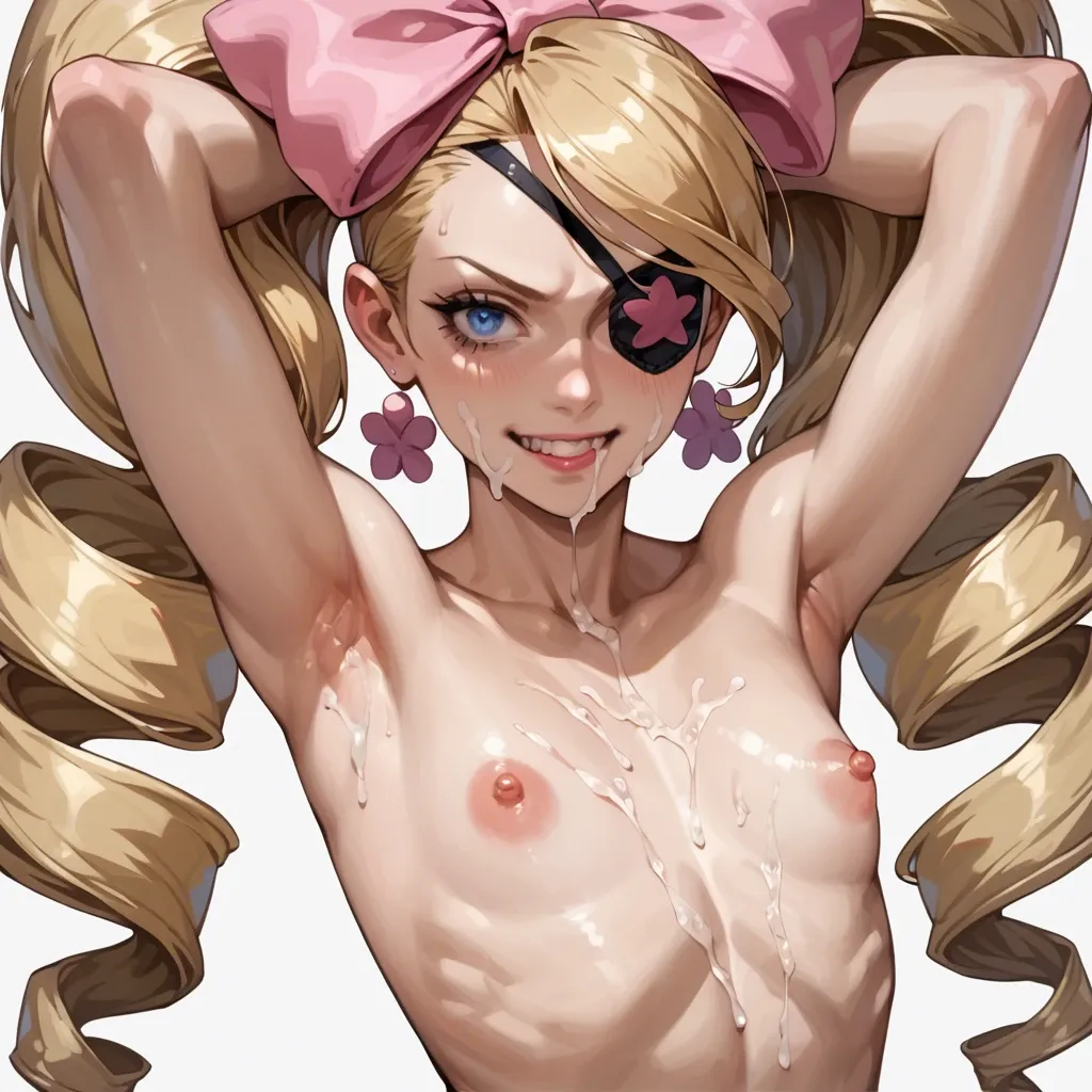 nui harime, big hair, blonde hair, blue eyes, drill hair, eyepatch, hair bow, long hair, pink bow, twin drills, twintails, eyepatch, flat chest, pubic hair, armpit focus, smile, cum on face