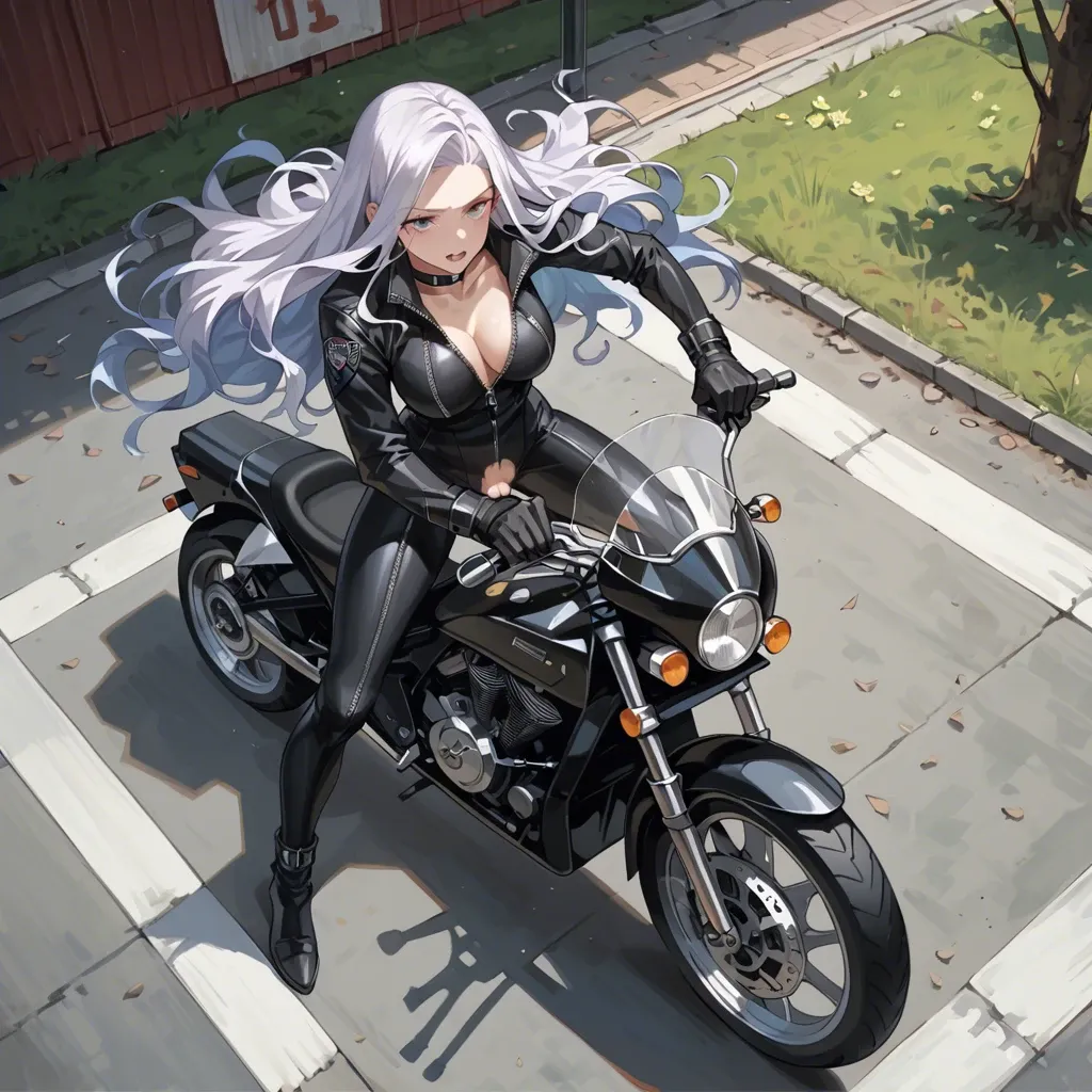 mirajane strauss, black unzipped exposed Catsuit, large long motorbike, sexy, anime cute style, straight hair, backward on motorbike, standing flipped,  missionary sex,  looking from above view on motorcycle, unzipped from boobs to pussy