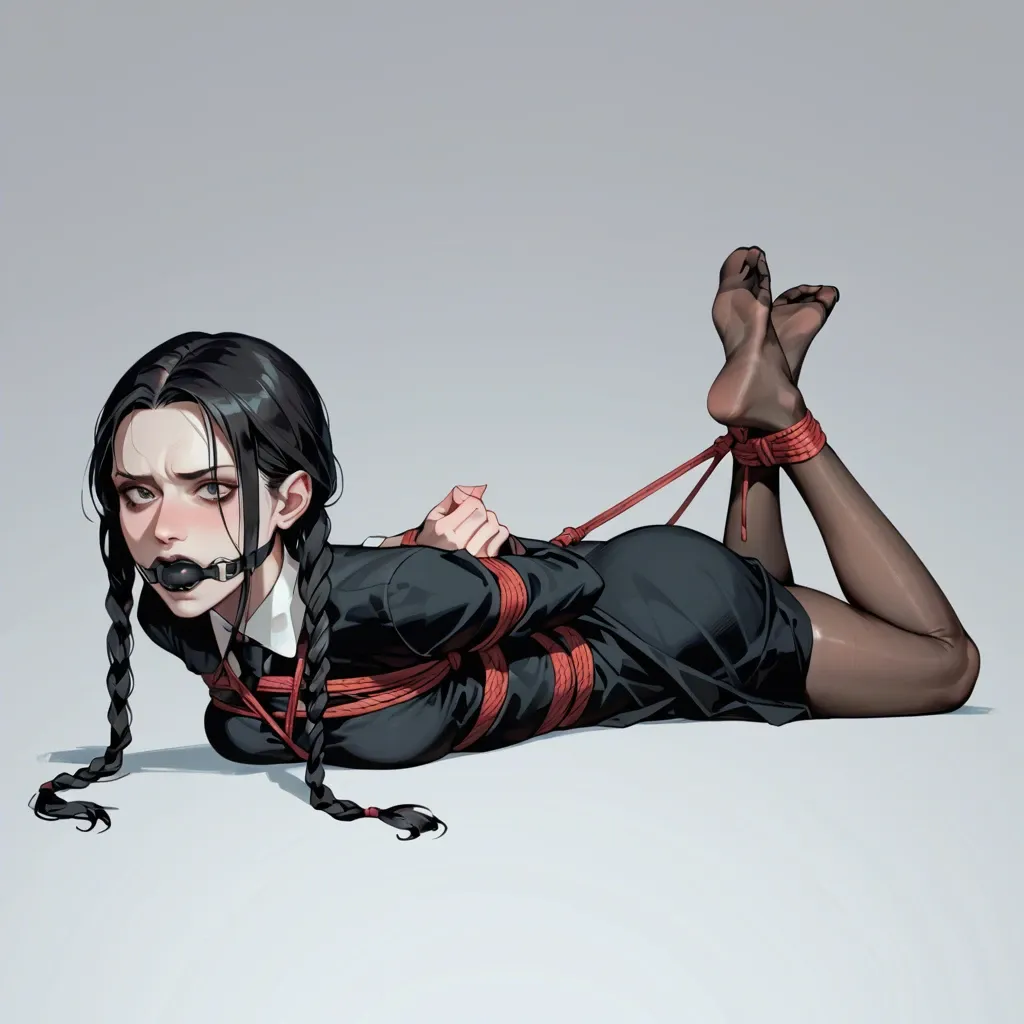 1girl, solo, Wednesday Addams \(Wednesday\), black eyes, pale skin, black dress, black pantyhose, no shoes, laying on stomach, rope bondage, hogtied, arms behind back, crossed ankles, black ballgag, feet focus, screaming, scared