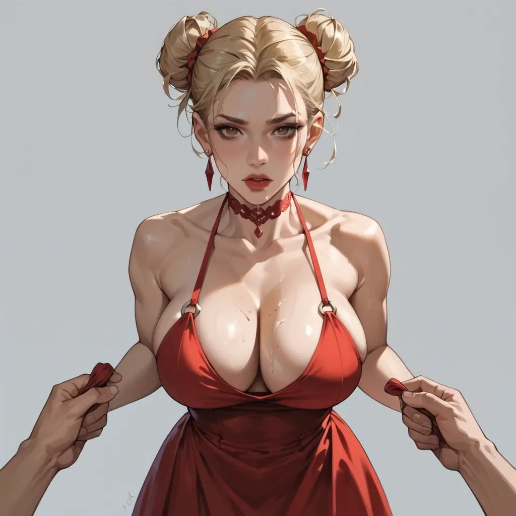 girl, hairstyle two buns, blonde, brown eyes, earring, red dress, beautifully made up, red choker, standing, huge tits, pov, holding tits