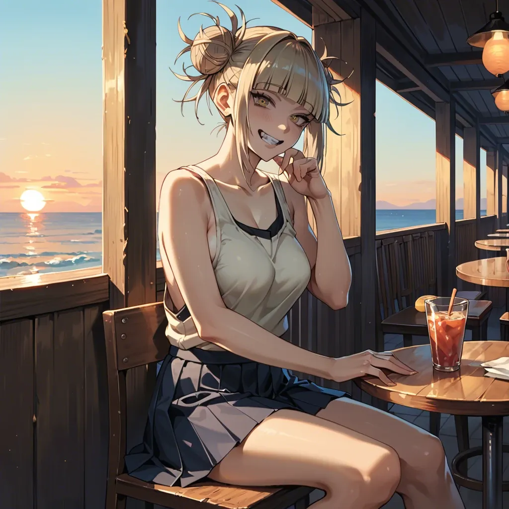 Himiko Toga, naughty smile, sensual, detailed face,  tank top  and pleated  miniskirt, sideboobs, sit on a chair in café in Rome, oudoor, sunset, play of shadows, beautiful lighting, subtle pastel tones, 8k