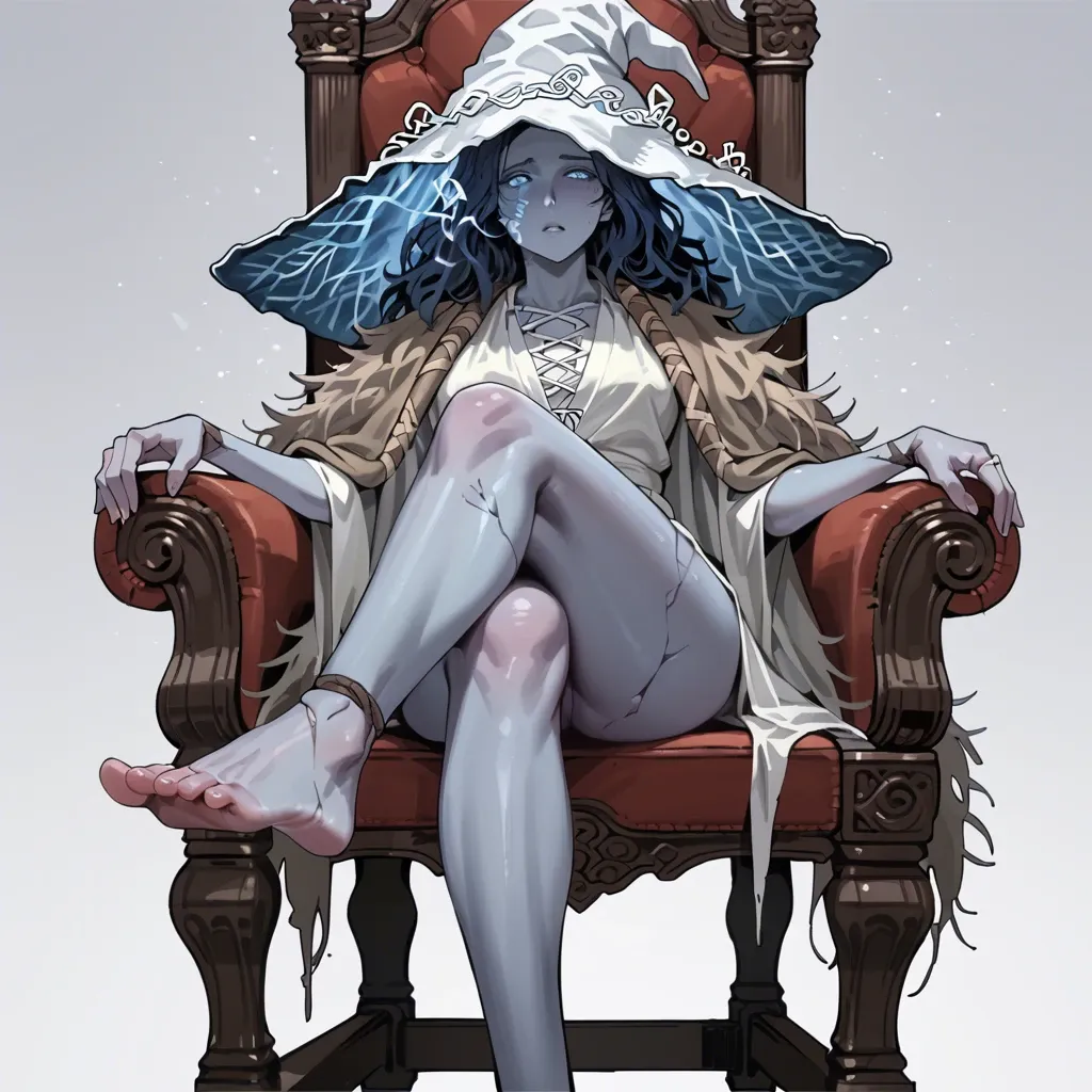 1girl, solo, Ranni the Witch \(Elden Ring\), blue skin, full clothes, legs covered, no shoes, sitting on chair, crossed legs, full body, soles focus, ((front view))