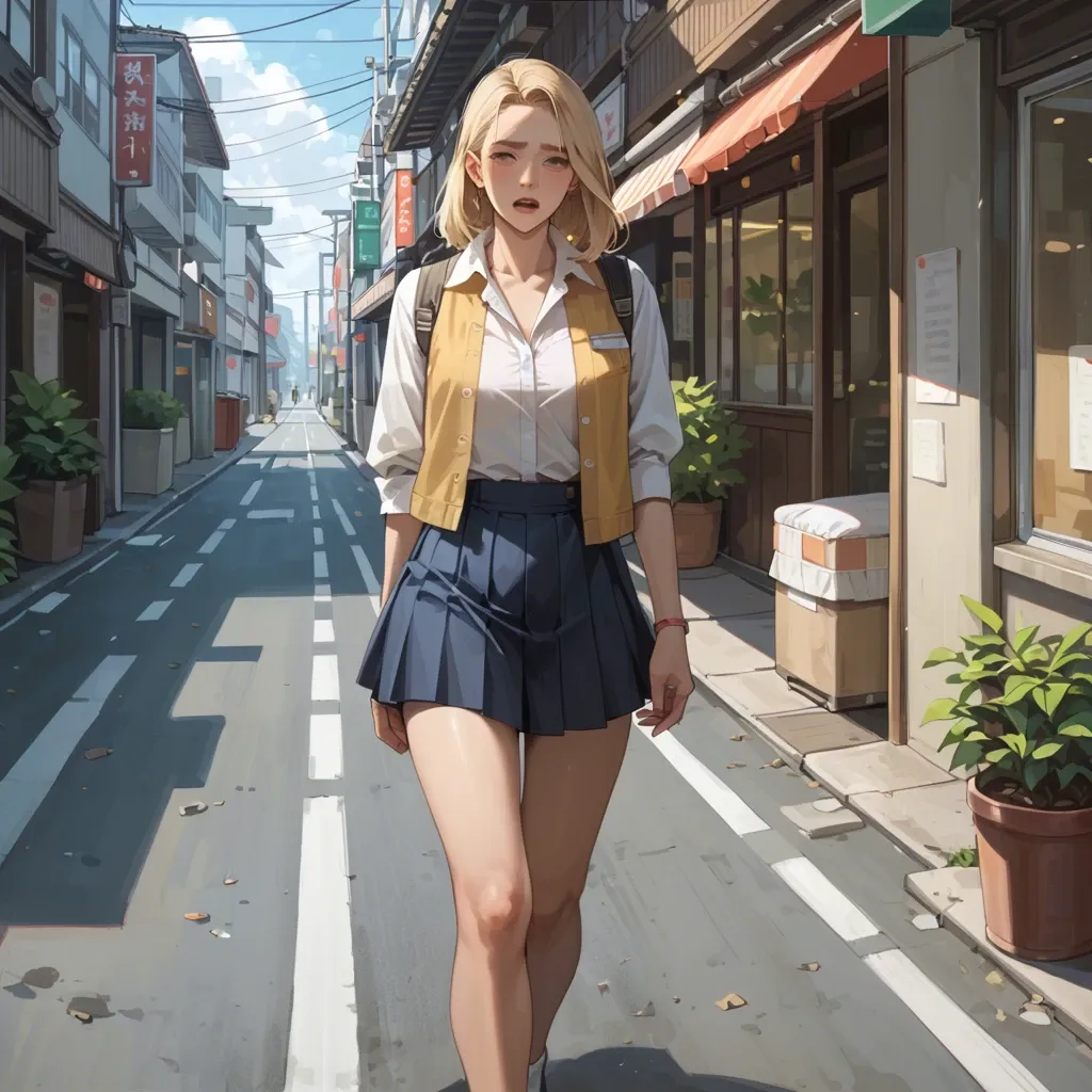 Blonde human girl, walking in Kyoto street, she is wearing a thick abdl diaper, she is wearing a skirt, the diaper is peaking under the skirt, she is a bit ashamed but also horny.