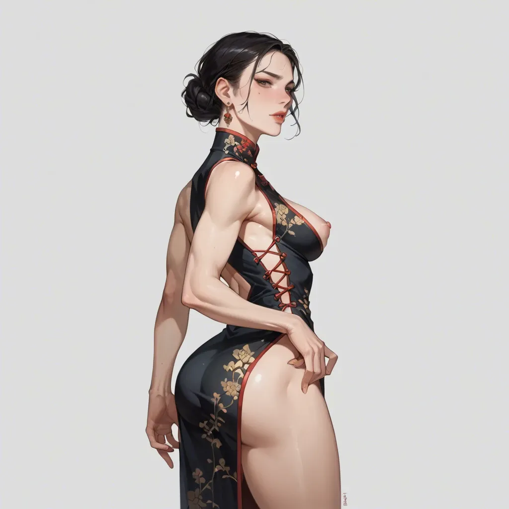 Lace slutty vulgar black qipao, wide neckline, sticking out big athletic bubble ass, shaved pussy, bares breasts with hands, pitite perky round tits, rear side view, show nipple, seductive face, big burgundy closed lips, hair braid, ass spreading by hand