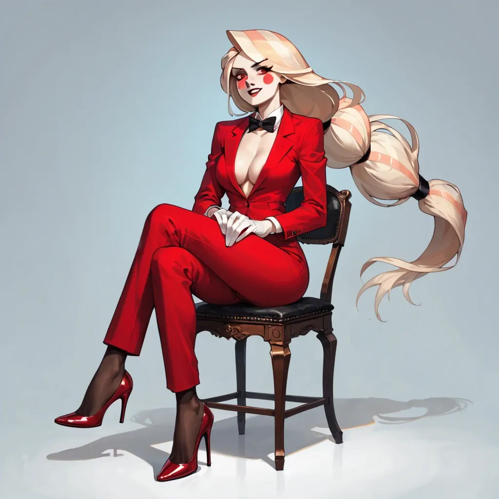 1girl, solo, Charlie Morningstar \(Hazbin Hotel\), pale skin, red pants, red suit, sitting on chair, no shoes, holding heels in hand