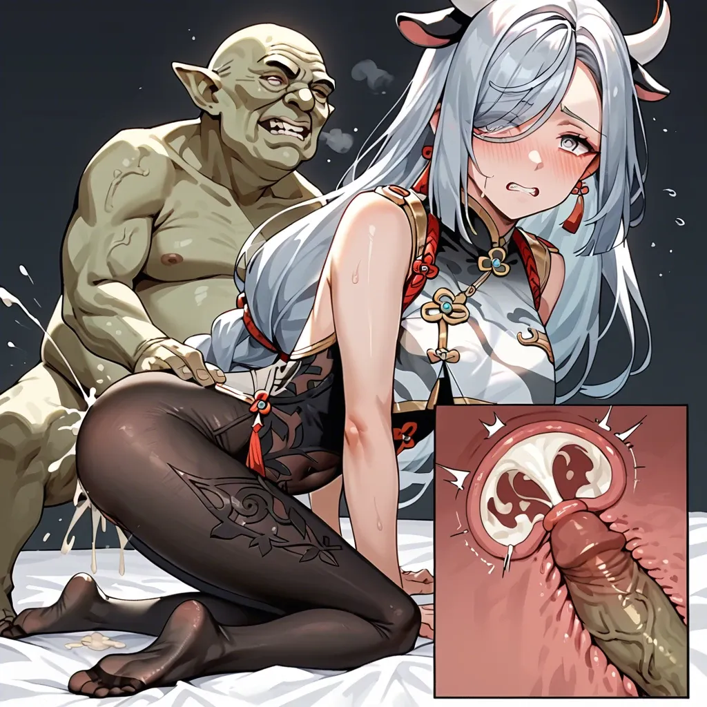 shenhe(genshin impact),cow horns,cow ears,pantyhose,soft feet female,deep thrusting,x-ray cum in uterus,comic,ugly goblin,crazy worried expression,tears,swallowing cum from bowl,sexual molesting for mating