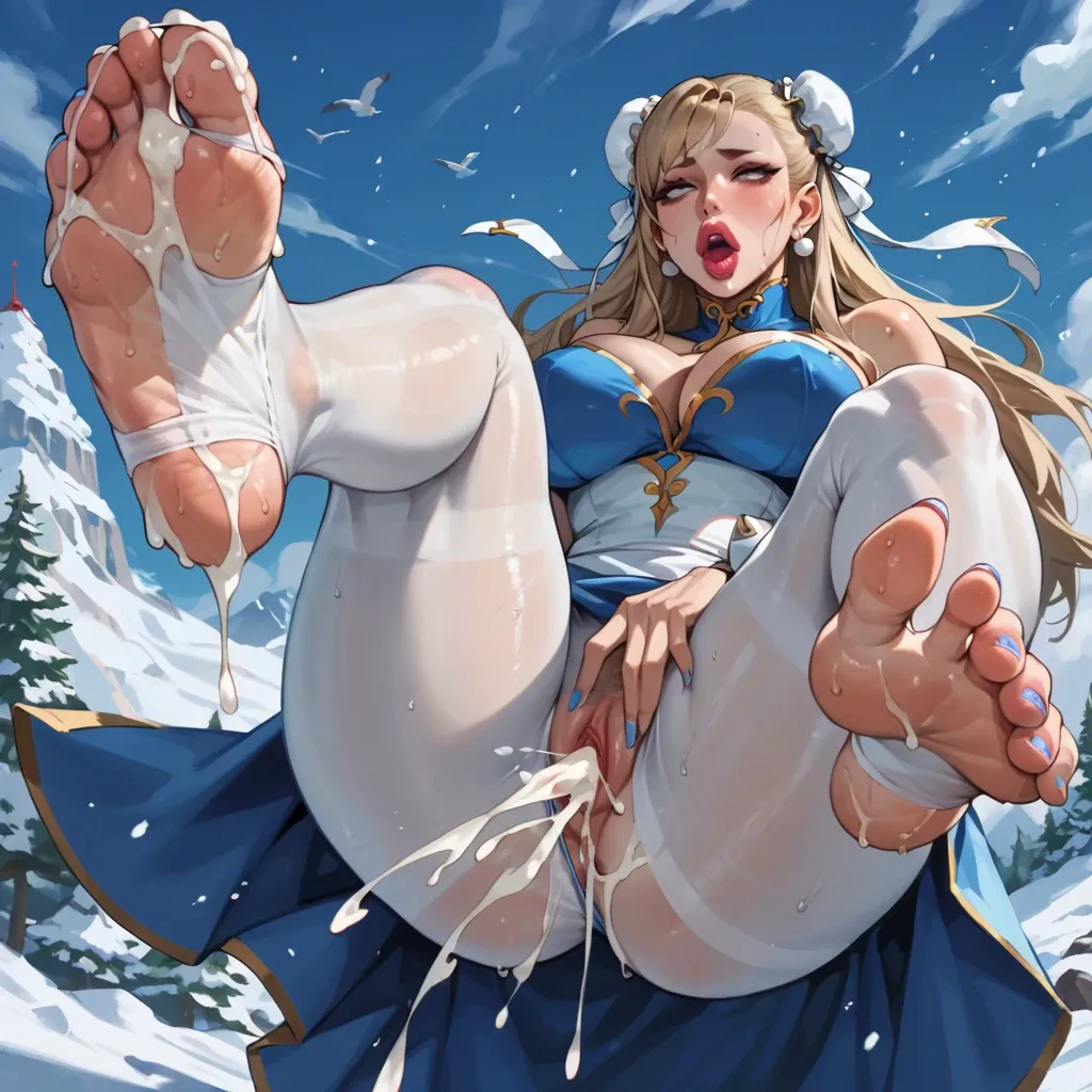 snow maiden Chun-Li, white fishnet pantyhose, (thick thighs), (foot fetish), (feet focus), view from below, sweating feet, big tits, big ass, big lips,  ahegao, orgasm, many cum on all body, many dicks cuming on her, wide dildo ass hole,