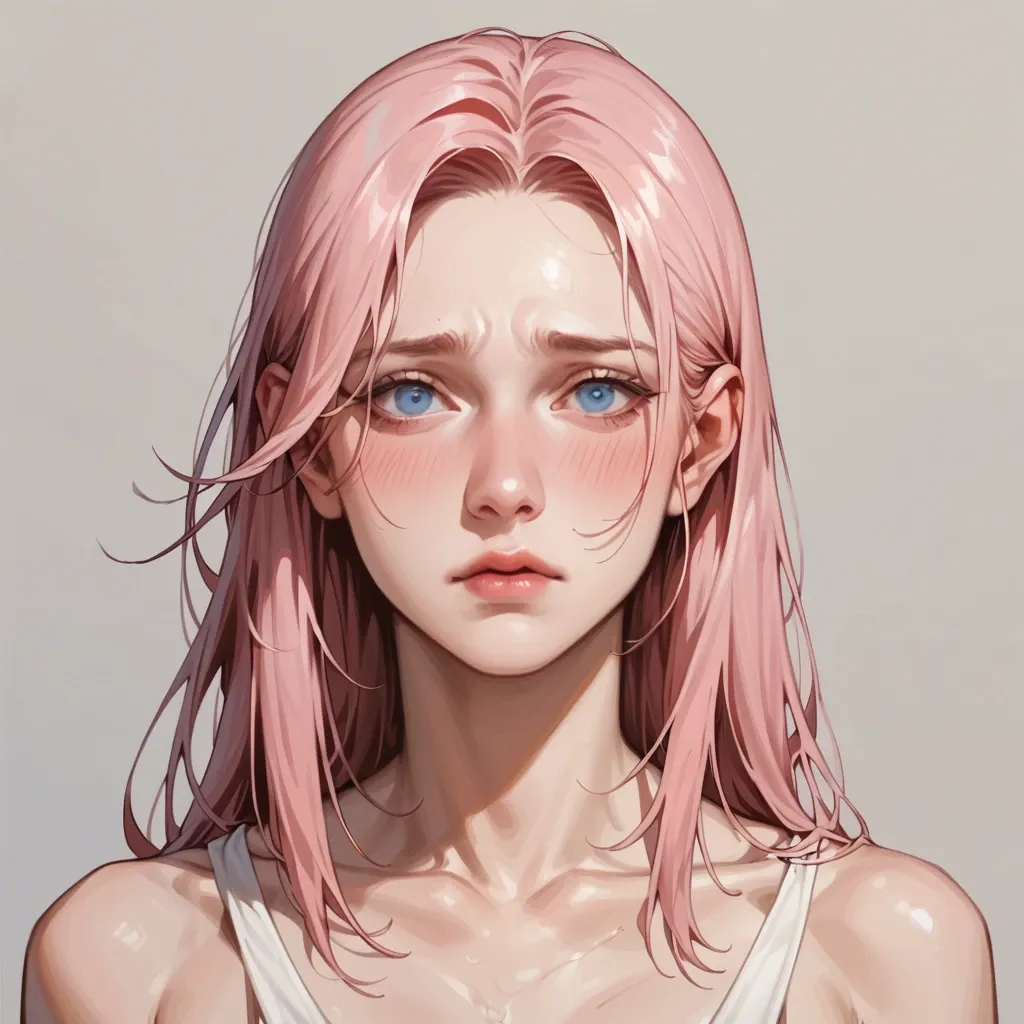 1 solo girl,,,, no background, no objects, full view, stand up, long pink hair, gentle look, soft skin, 20 years old, human, open blue eyes, facing camera, shy look, blush