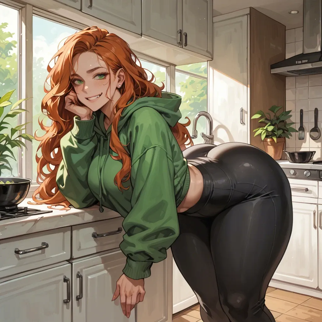 Massive ass, huge thick thighs, wide hips, love handles, thick, curvy, very long wavy ginger hair, green eyes, smiling, oversized dark green hoodie, black yoga pants, kitchen, making breakfast