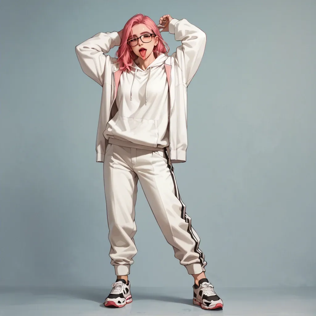 1 solo girl,,,, no background, no objects, full view, stand up,  open arms toward camera, tongue out, full body view,  long pink hair, black glasses, white hoodie, sportive white pants, white sportive shoes, gentle look, soft skin, 20 years old, human, open blue eyes, facing camera, energetic look