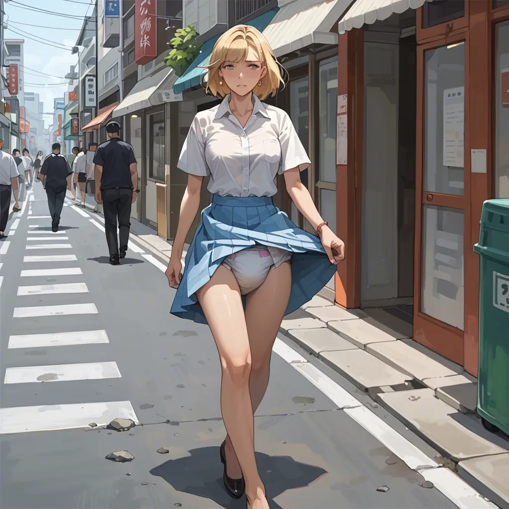 Hentai anime style, Blonde human girl, walking in Kyoto street, she is wearing a thick abdl diaper, she is wearing a skirt, the diaper is peaking under the skirt, she is a bit ashamed.