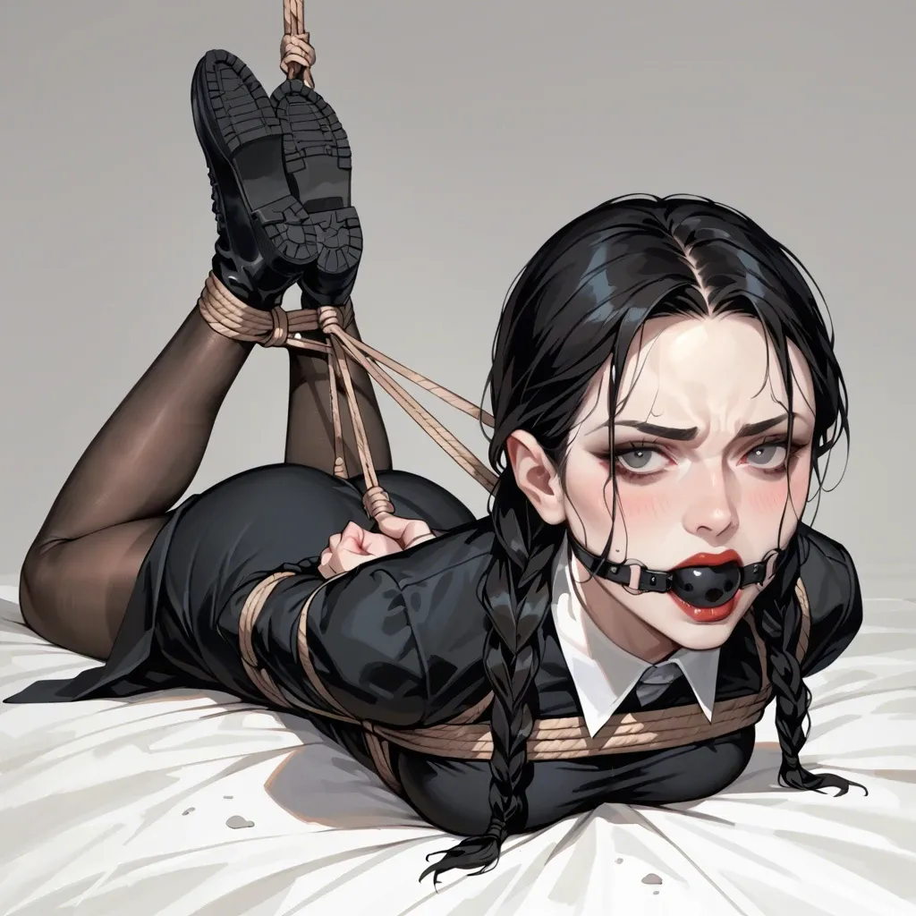 1girl, solo, Wednesday Addams \(Wednesday\), black eyes, pale skin, black dress, black pantyhose, black boots, laying on stomach, rope bondage, hogtied, arms behind back, crossed ankles, black ballgag, feet focus, screaming