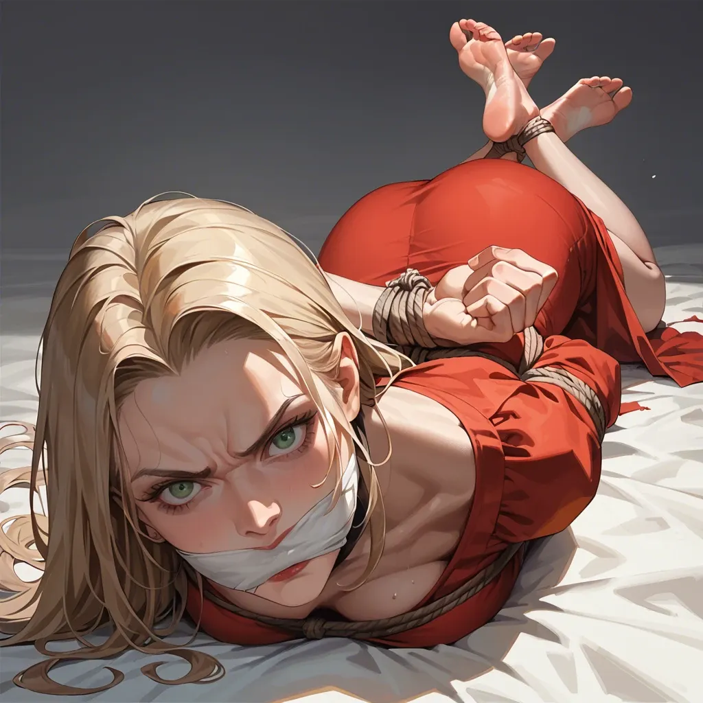 1girl, solo, Cersei Lannister \(Game of Thrones\), green eyes, red dress, barefoot, laying on stomach, ankles crossed, rope bondage, hogtied, arms behind back, cloth gagged, looking at viewer, angry, feet focus