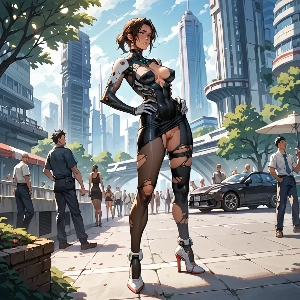 2girl, , , , thin nose,shining,big perky boobs,grabbing hips,dark skinned, dress,baggy socks,no panties,torn bodysuit,heels, oozora subaru, public park, spaceship, cyborg, girl lara croft, rapunzel, rapunzel waifu