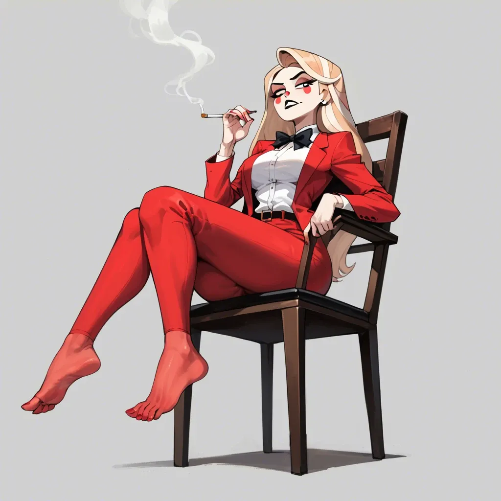 1girl, solo, , , , Charlie Morningstar \(Hazbin Hotel\), red suit, red pants, bowtie, black bow, no shoes, smoking, arrogant, teasing, sitting on chair, showing feet, ((from below)), perfect feet, perfect soles, feet focus