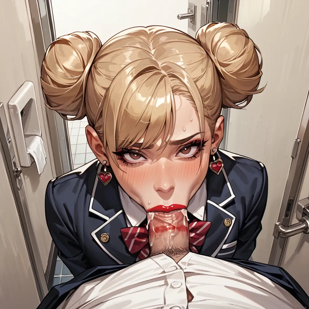 public, pov, many people in the background, deepthroat blowjob, lipstick marks on dick, femboy, in the toilet, behind the femboy the door of the stall, school uniform, two buns, blonde, brown eyes, earrings,