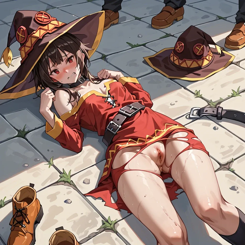 Megumin ripped clothes laying on ground in public embarrassed