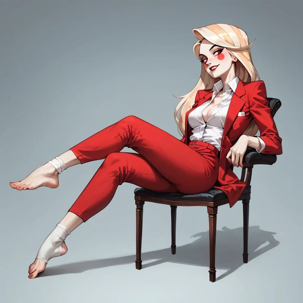 1girl, solo, Charlie Morningstar \(Hazbin Hotel\), pale skin, red pants, red suit, sitting on chair, barefoot, socks laying around