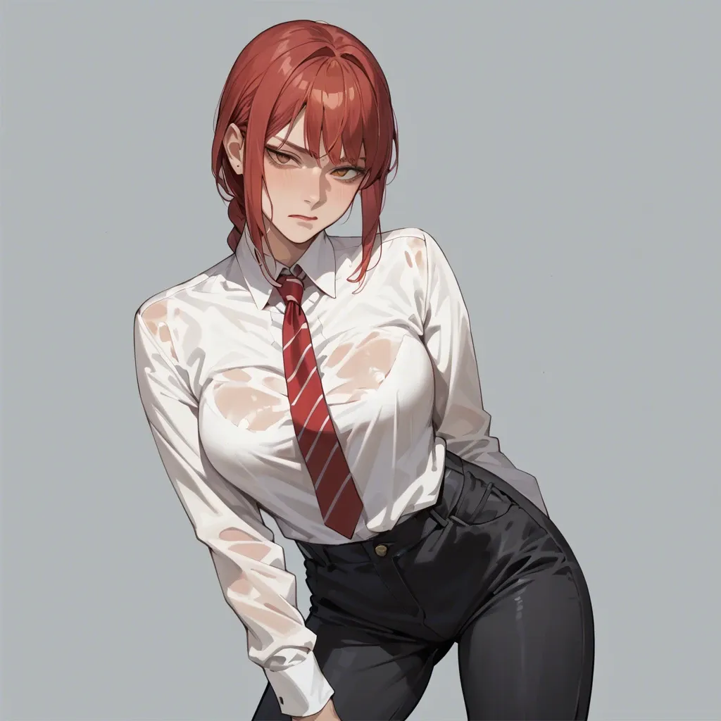 Makima, fully dressed, black pants, white shirt, clothed