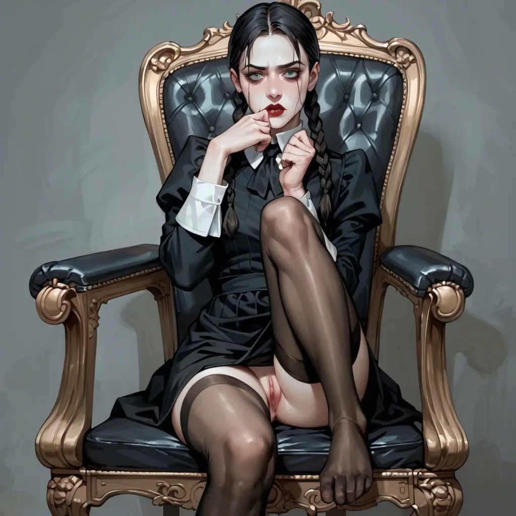 1girl, solo, Wednesday Addams (Wednesday\), pale skin, black dress, black stockings, no shoes, sitting on chair