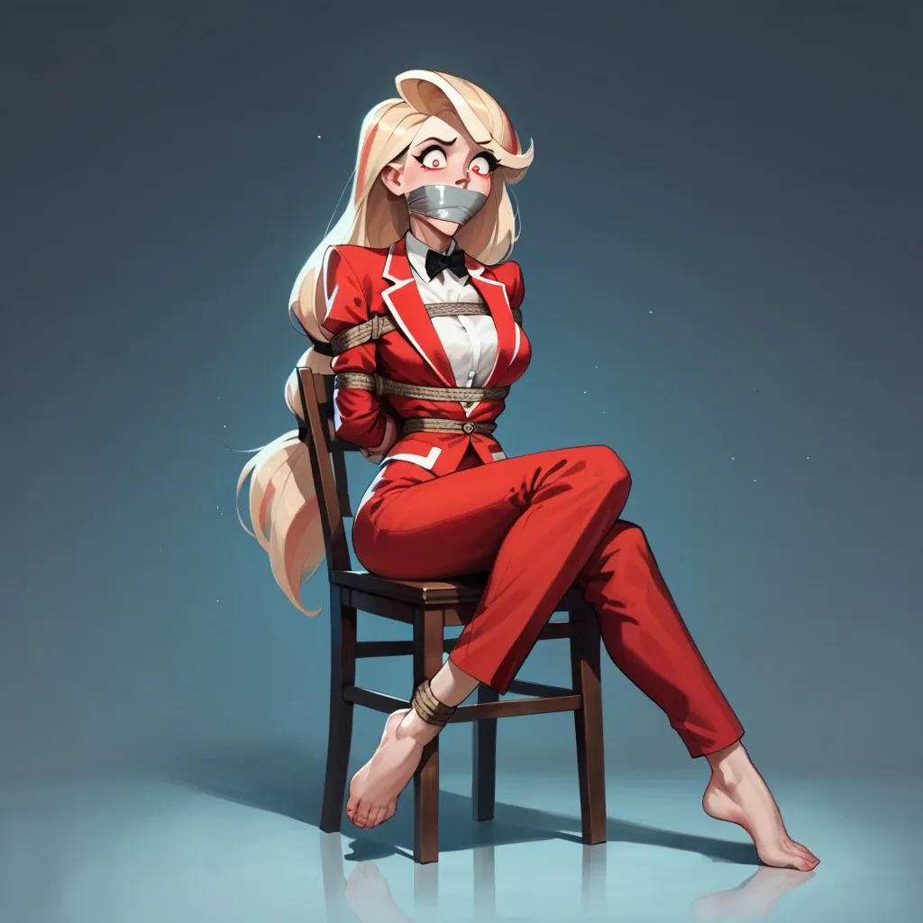 1girl, solo, Charlie Morningstar \(Hazbin Hotel\), pale skin, long red pants, red suit, barefoot, sitting on chair, rope bondage, arms behind the back, legs rope bound, tape gagged, shocked, raised eyebrow