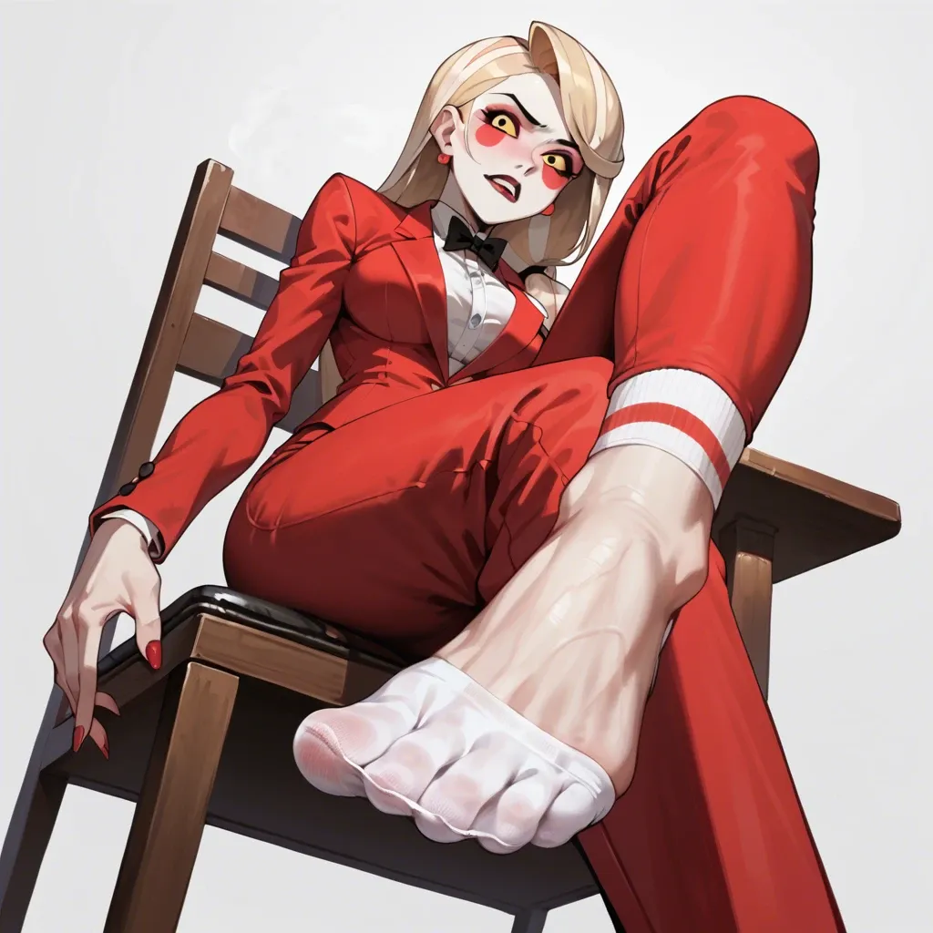 1girl, solo, Charlie Morningstar \(Hazbin Hotel\), pale skin, red pants, red suit, no shoes, single sock, single bare foot, sitting on chair, soles focus, ((from below))