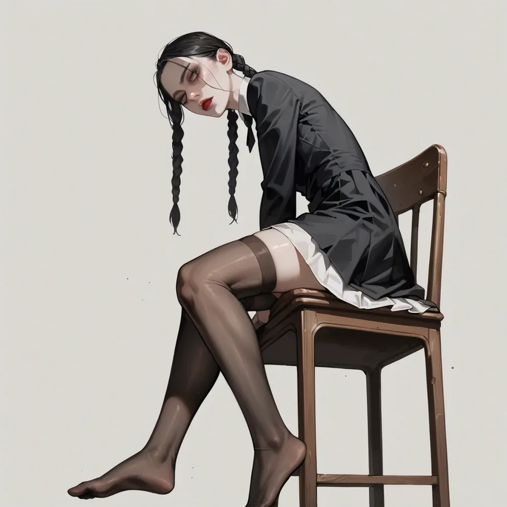 1girl, solo, Wednesday Addams \(Wednesday\), pale skin, long black dress, white skirt, black stockings, no shoes, sitting on chair, ((from below))