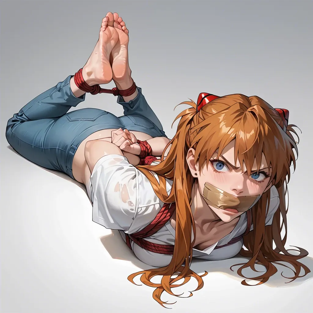 1girl, solo, Asuka Langley \(Evangelion\), white t-shirt, jeans, barefoot, laying on stomach, rope bondage, hogtied, hands behind the back, tape gagged, looking at viewer, feet focus, shocked, scared, ((face view))