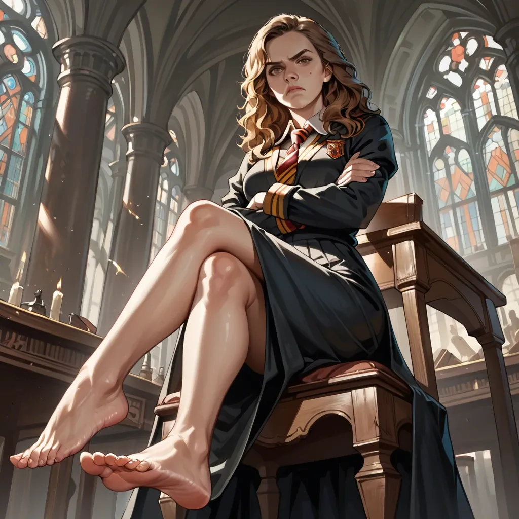 1girl, solo, Hermione Granger \(Harry Potter\), brown eyes, hogwarts uniform, long skirt, barefoot, sitting on chair, crossed legs, crossed arms, looking at viewer, annoyed, ((from below))