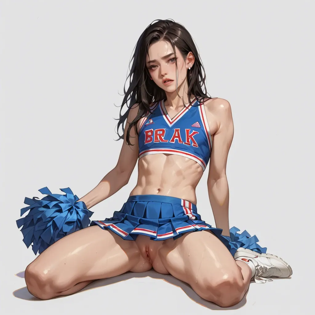 A young flat chested cheerleader sitting back showing up her skirt with no underwear underneath full body solo pussy lip close up