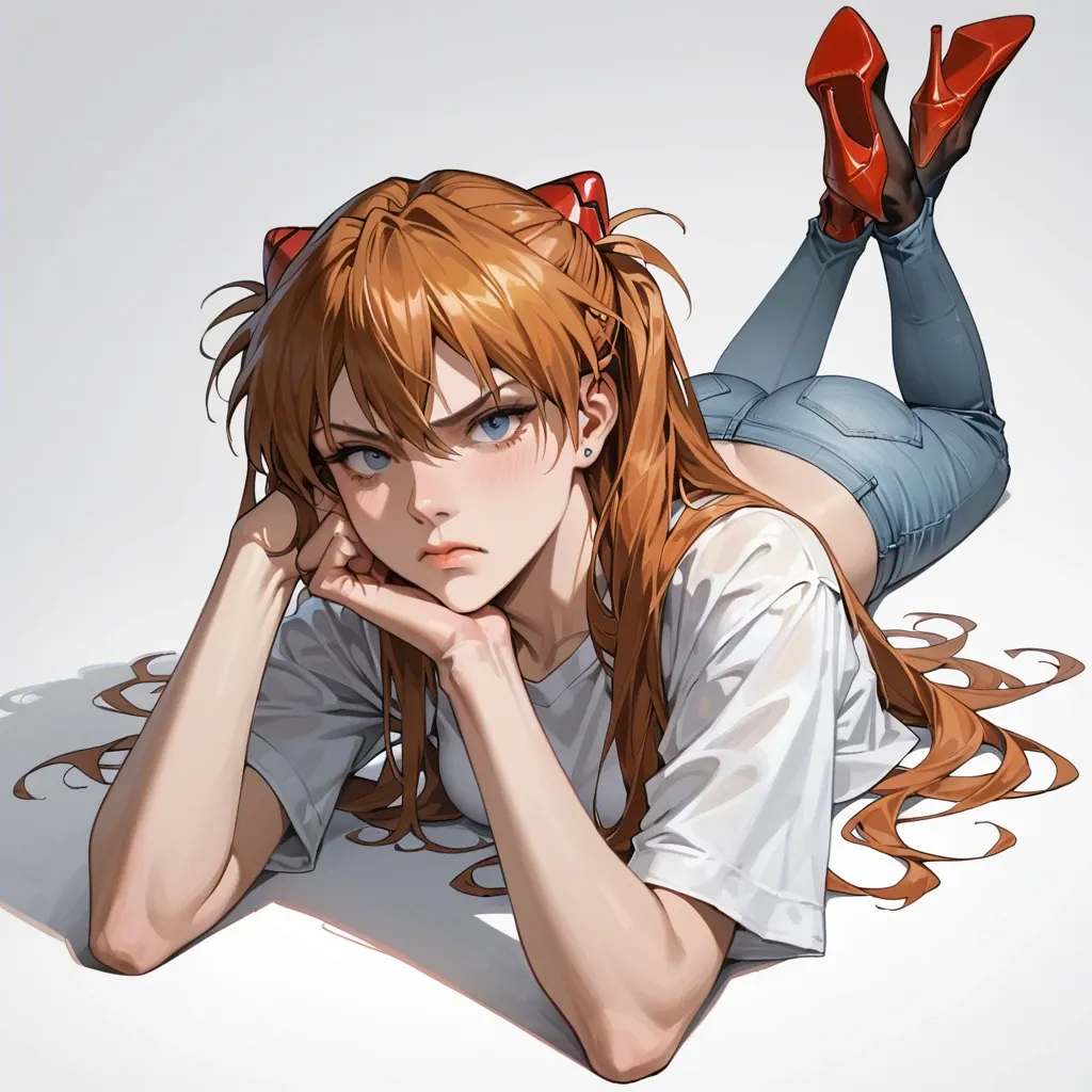 1girl, solo, Asuka Langley \(Evangelion\), shirt, jeans, single high heel shoe, single foot is bare, laying on stomach, head rests on hand, looking at viewer, feet focus, annoyed, ((face view))