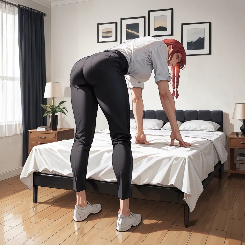 Makima, clothed, dressed, black pants, white shirt, ass, seducive pose, bedroom, standing