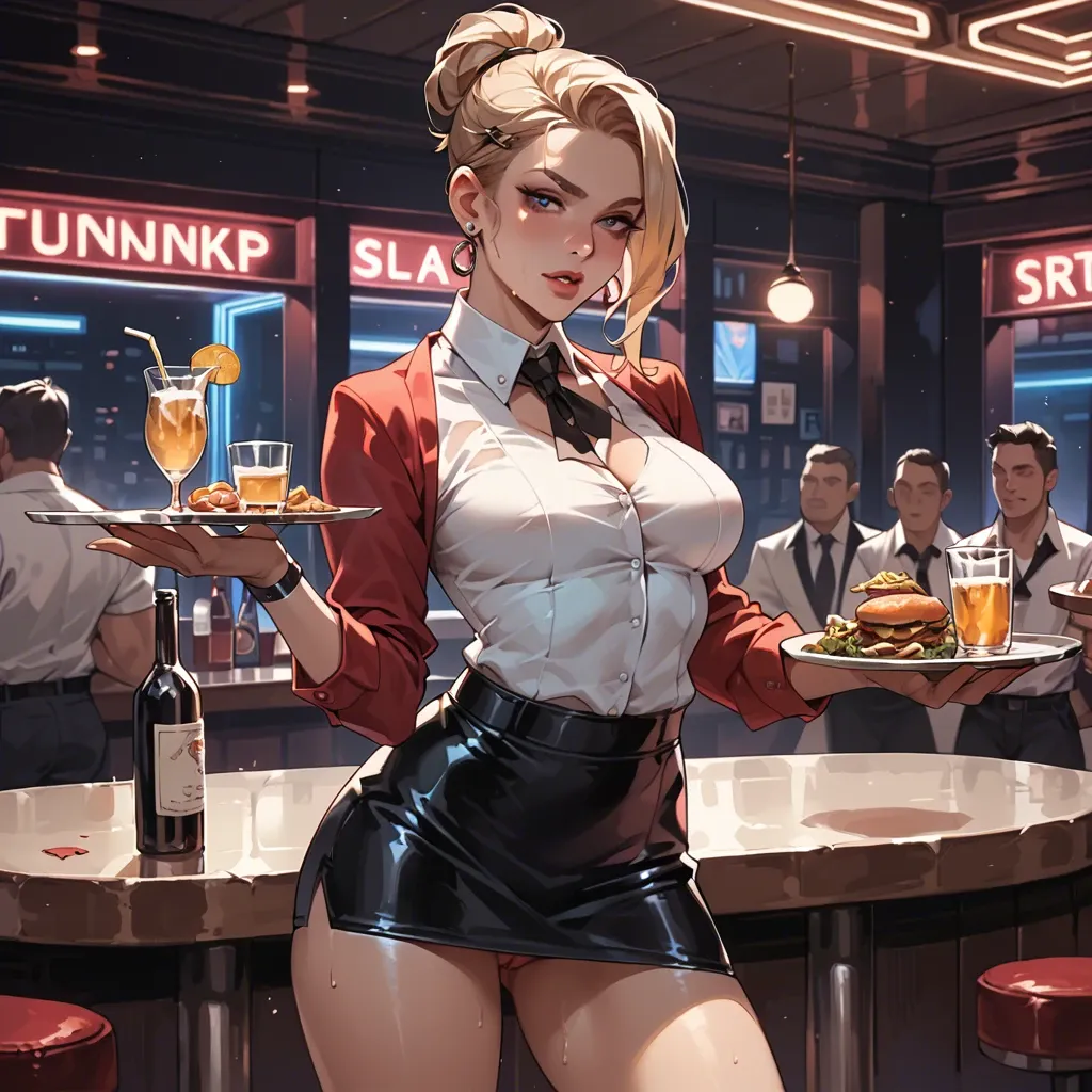 Waitress, in strip club, tight mini skirt, top tunk, seductive, sexy