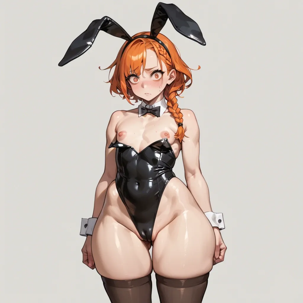 cute anime, bunny suit, orange hair, micro braid, narrow sharp eyes, flat sagging chest, huge nipples, fat ass, huge hips, huge cameltoe