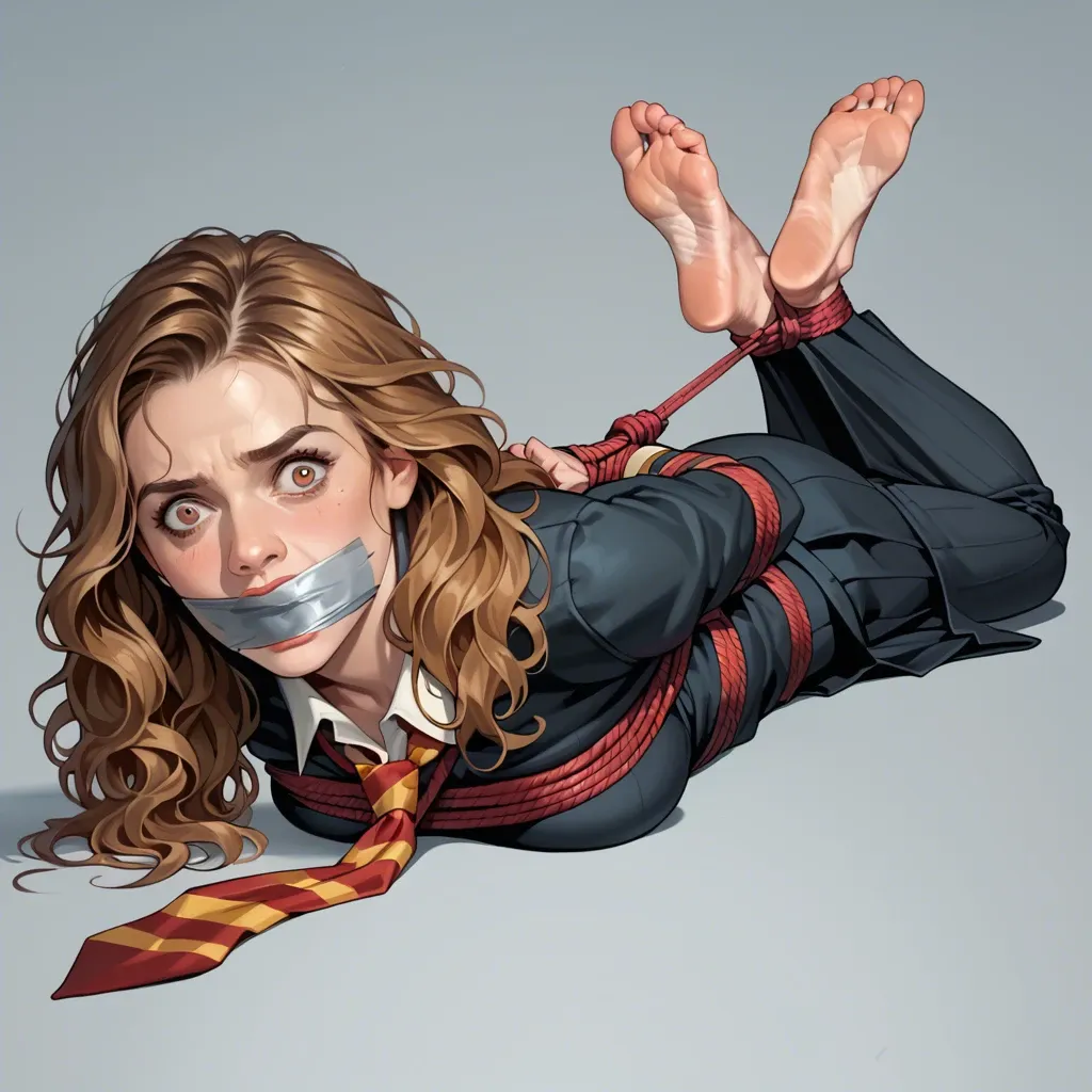 1girl, solo, Hermione Granger \(Harry Potter\), brown eyes, hogwarts uniform, long skirt, barefoot, laying on stomach, rope bondage, hogtied, arms behind the back, tape gagged, feet focus, looking at viewer, shocked, screaming