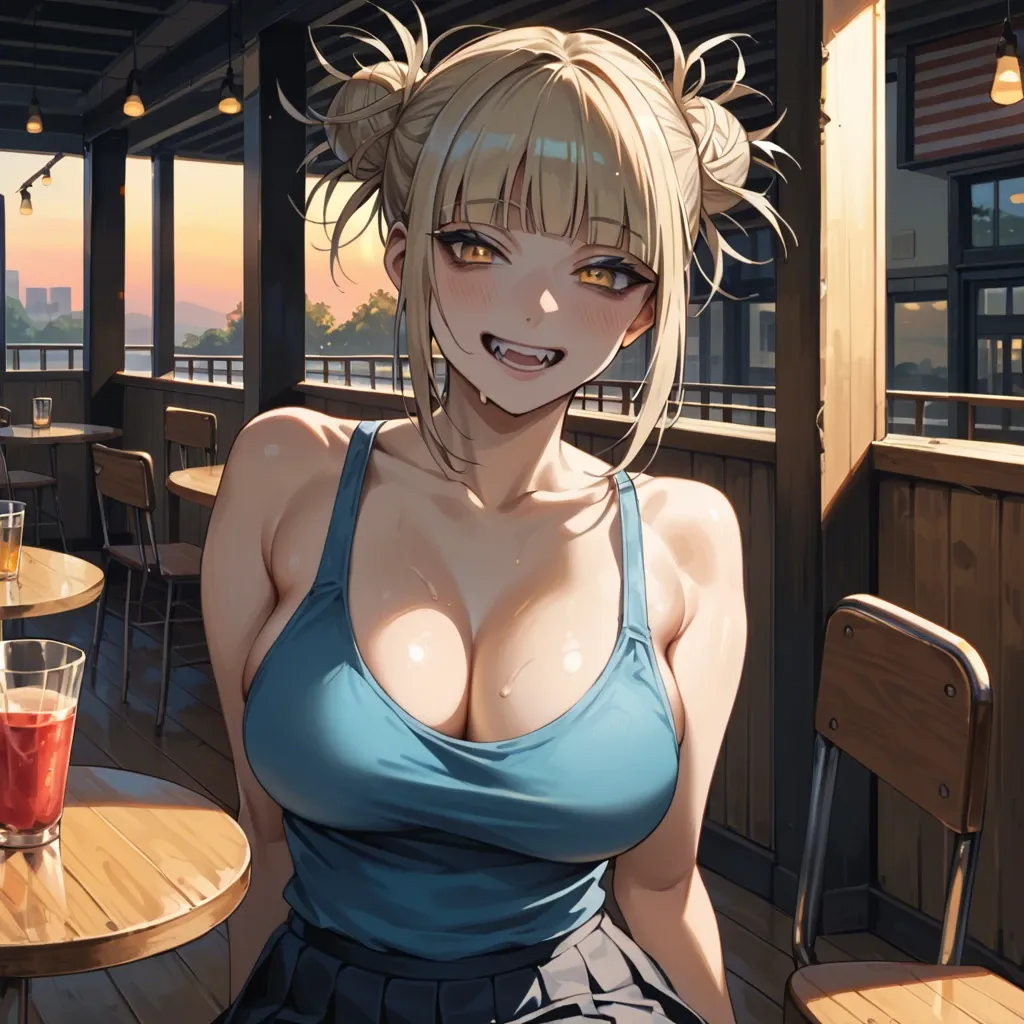 Himiko Toga, naughty smile, sensual, detailed face,  blue tank top  and pleated yellow miniskirt, sideboobs, cleavage, sit on a chair in café in Rome, oudoor, sunset, play of shadows, beautiful lighting, subtle pastel tones, 8k