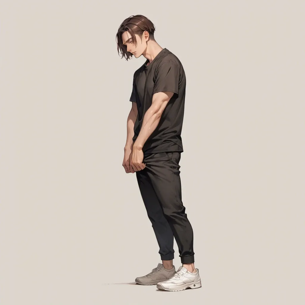 1 solo boy,,,, gentle look, full body size, standing up position, brown hair, medium hair cut, brown eyes, medium height, soft skin, medium strength, black t-shirt, long black sportive pants, white shoes, no background, no object